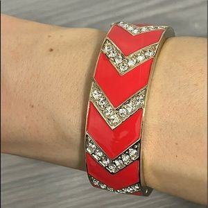 Ann Taylor Gold & Enamel Bangle Bracelet, Red Pink with CZ Diamonds, Chevron